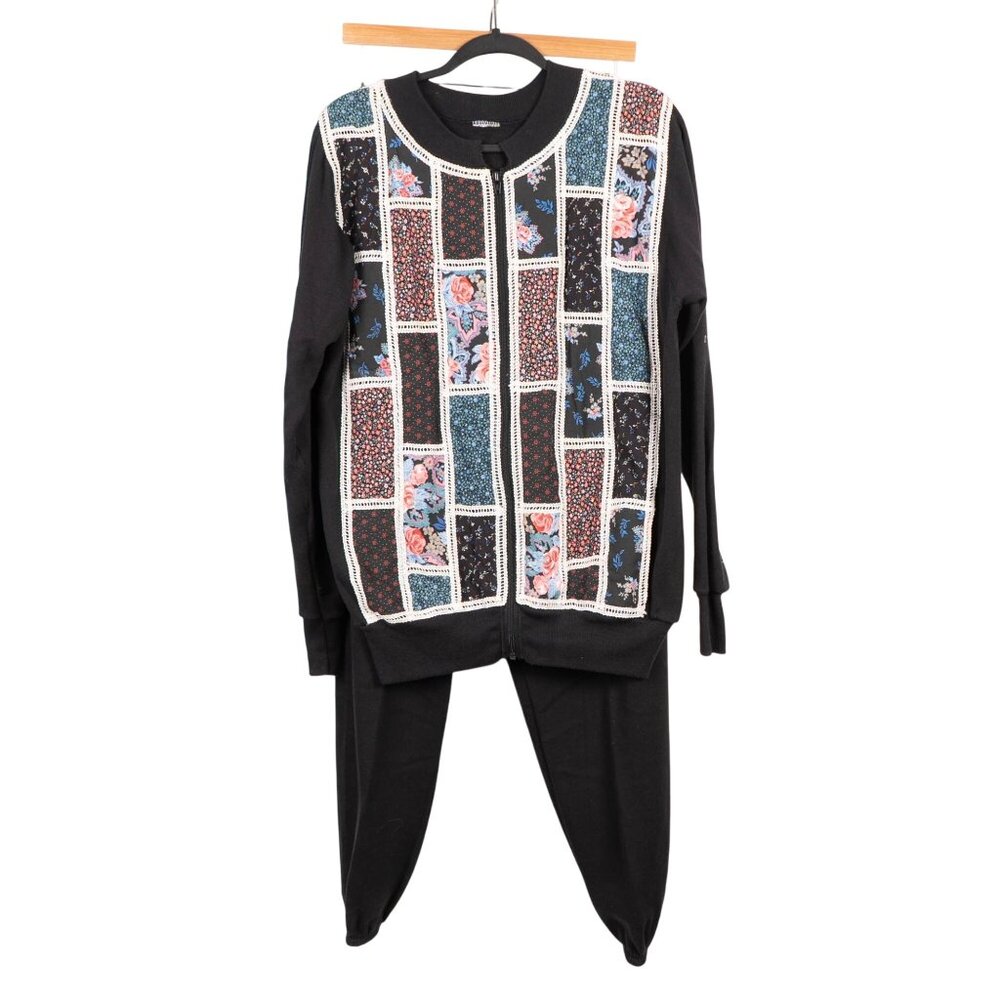 Plaid Patchwork Cardigan Sweatshirt Sweatpants M Black Floral Lace 90s Mom Cozy